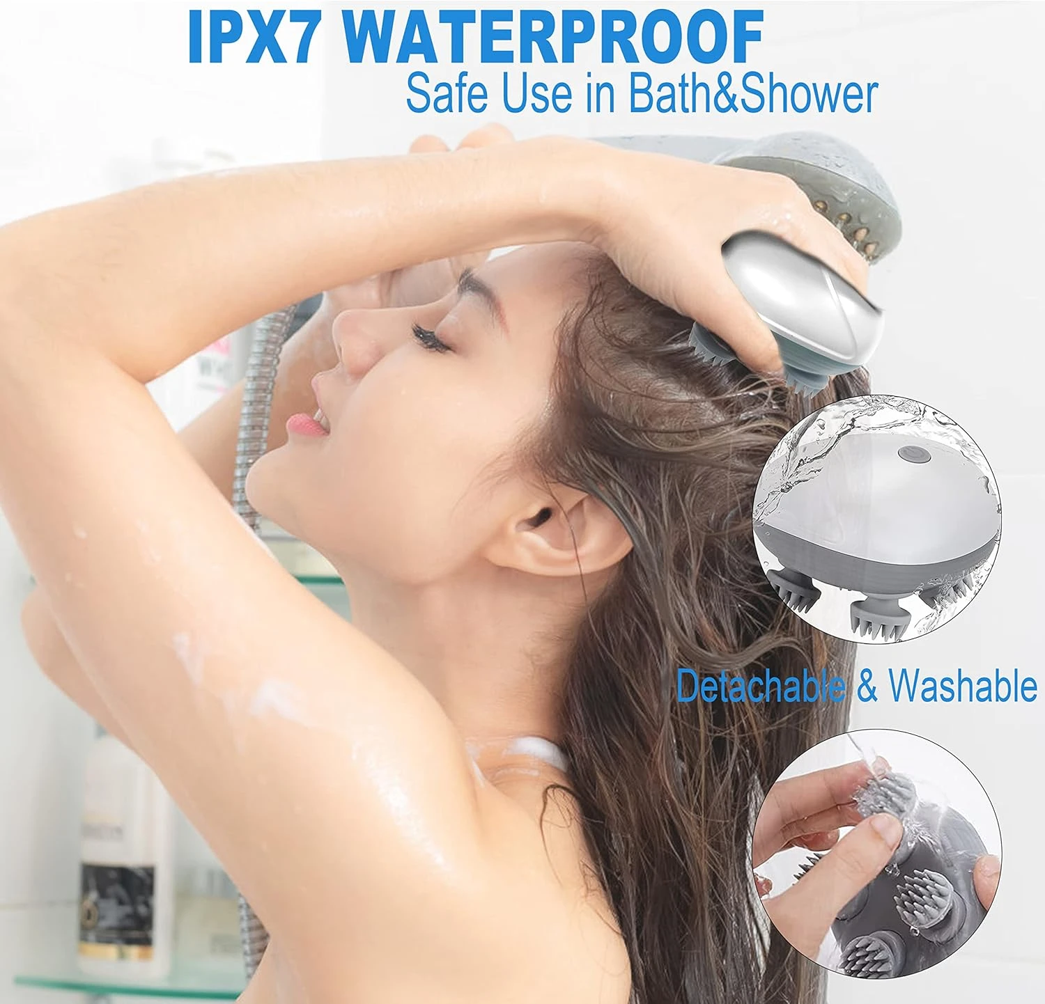 Mujer usa masajeador capilar recargable IPX7 en ducha. Textura de silicona, diseño ergonómico para alivio del estrés.