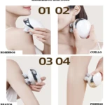 Masajeador recargable blanco y plateado, ideal para hombros, cuello, brazos y piernas.