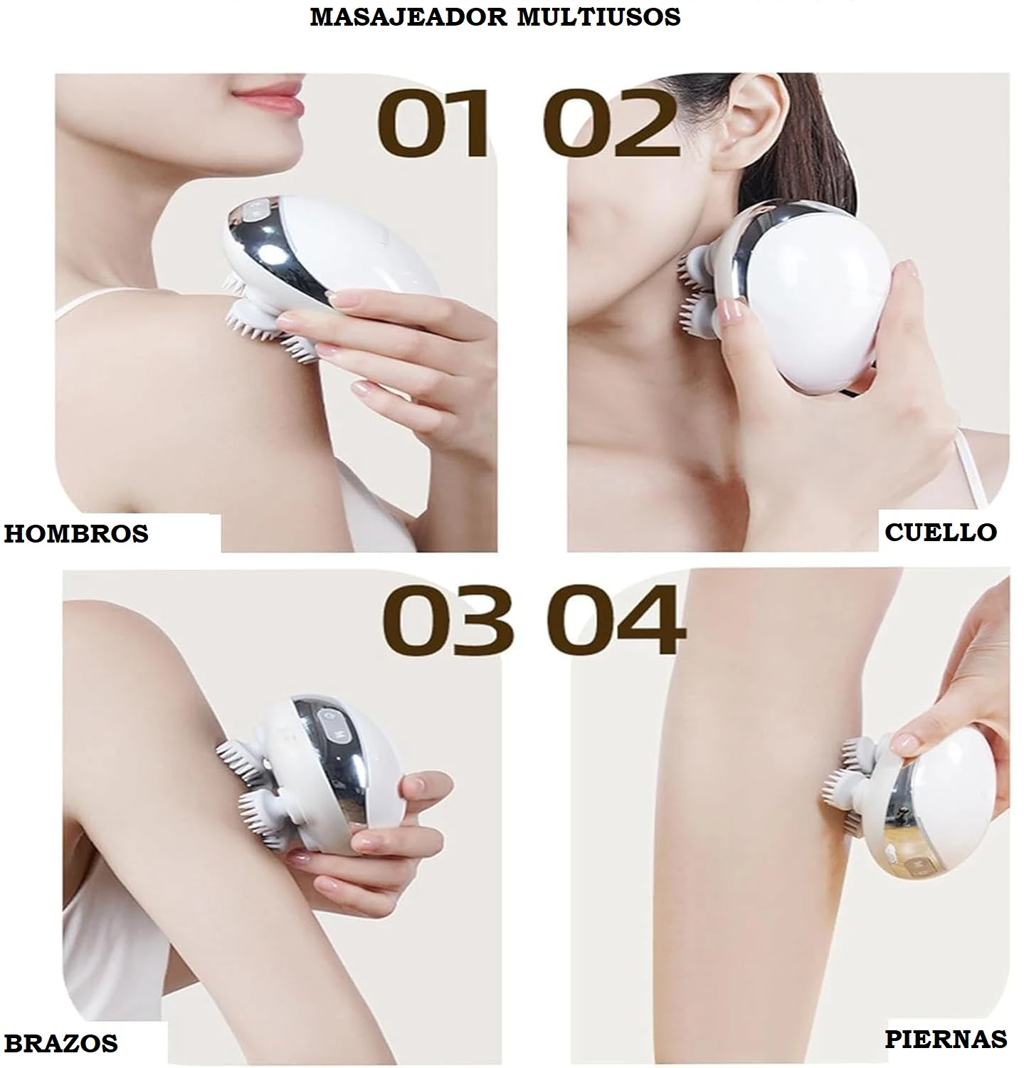 Masajeador recargable blanco y plateado, ideal para hombros, cuello, brazos y piernas.