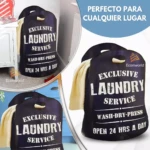 Cesta de ropa sucia negra "Exclusive Laundry Service", abierta las 24 horas, para cualquier lugar.