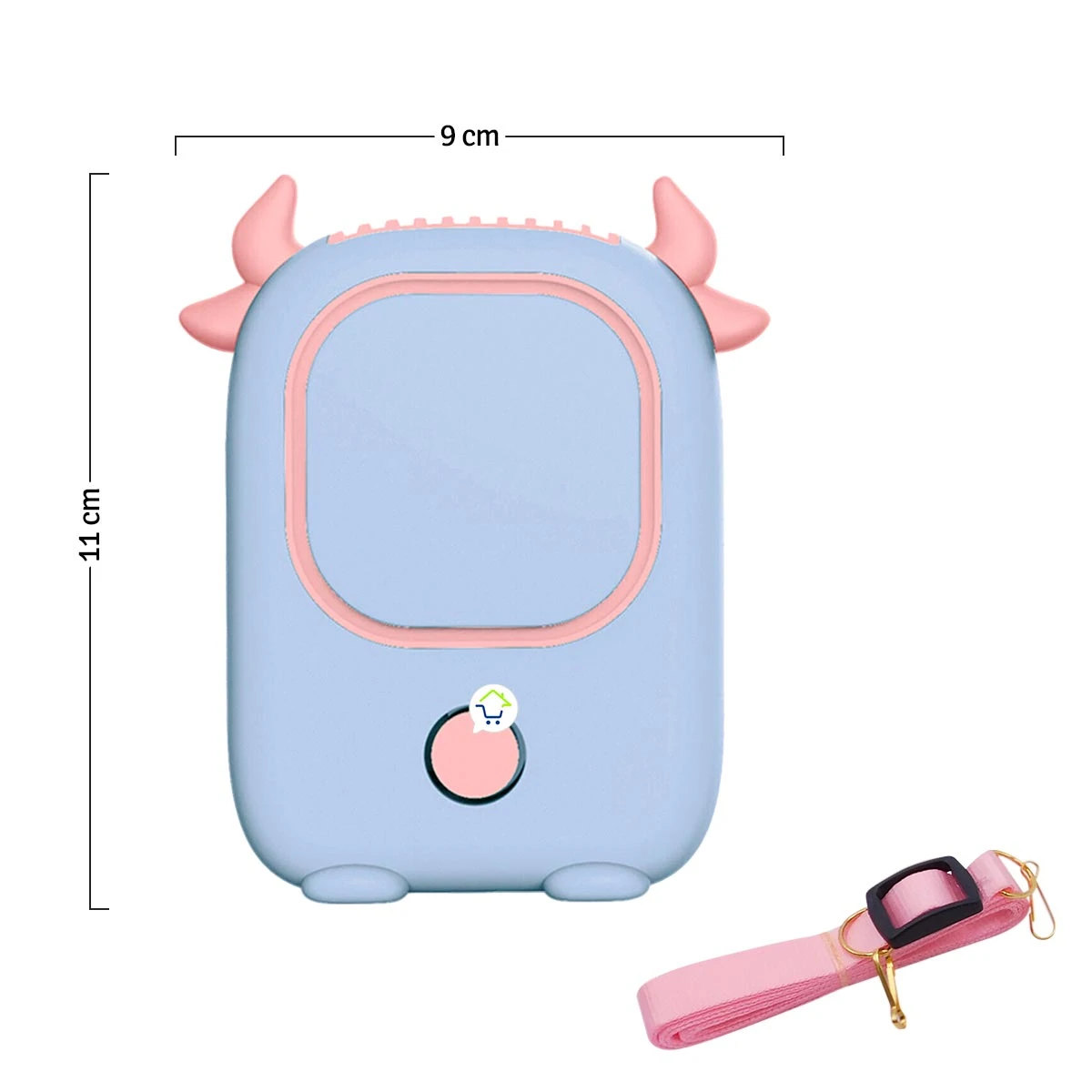 Ventilador portátil de cuello azul con diseño de vaca, 9x11cm, incluye correa rosa.