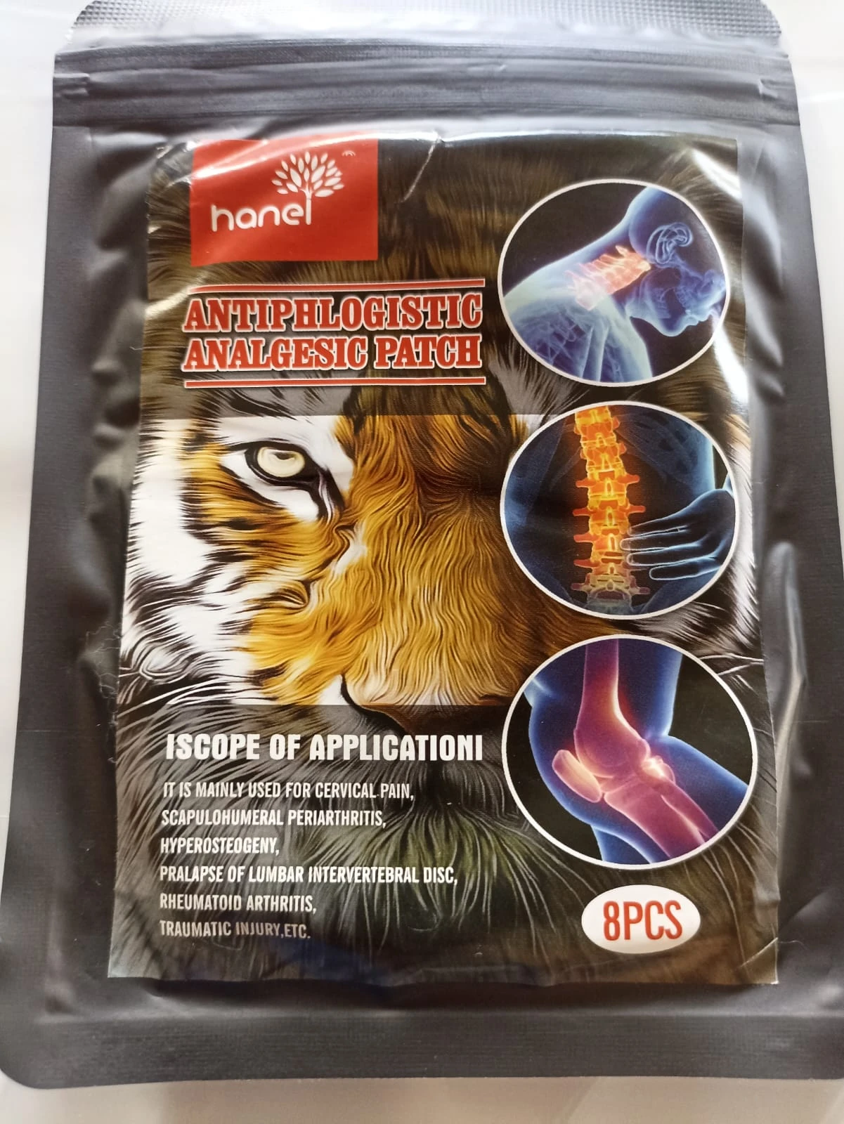 Empaque negro de parches analgésicos Hanel, tigre, para dolor cervical, espalda y articulaciones, incluye 8 unidades.