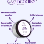 Proteína capilar Bendito Naturals en tarro blanco y morado. Beneficios: reconstrucción, brillo, control de volumen y frizz, reparación de cutícula y puntas.