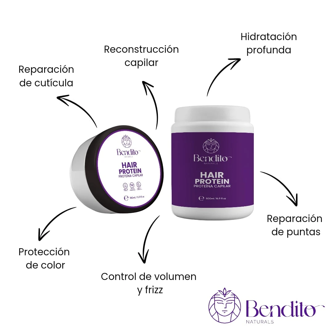 Proteína capilar Bendito, tratamiento para cabello seco y dañado, con aminoácidos, control de frizz y volumen.