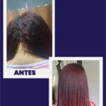 Cabello teñido de rojo antes y después de tratamiento de proteína capilar Bendito Naturals para reducir frizz y nutrir.