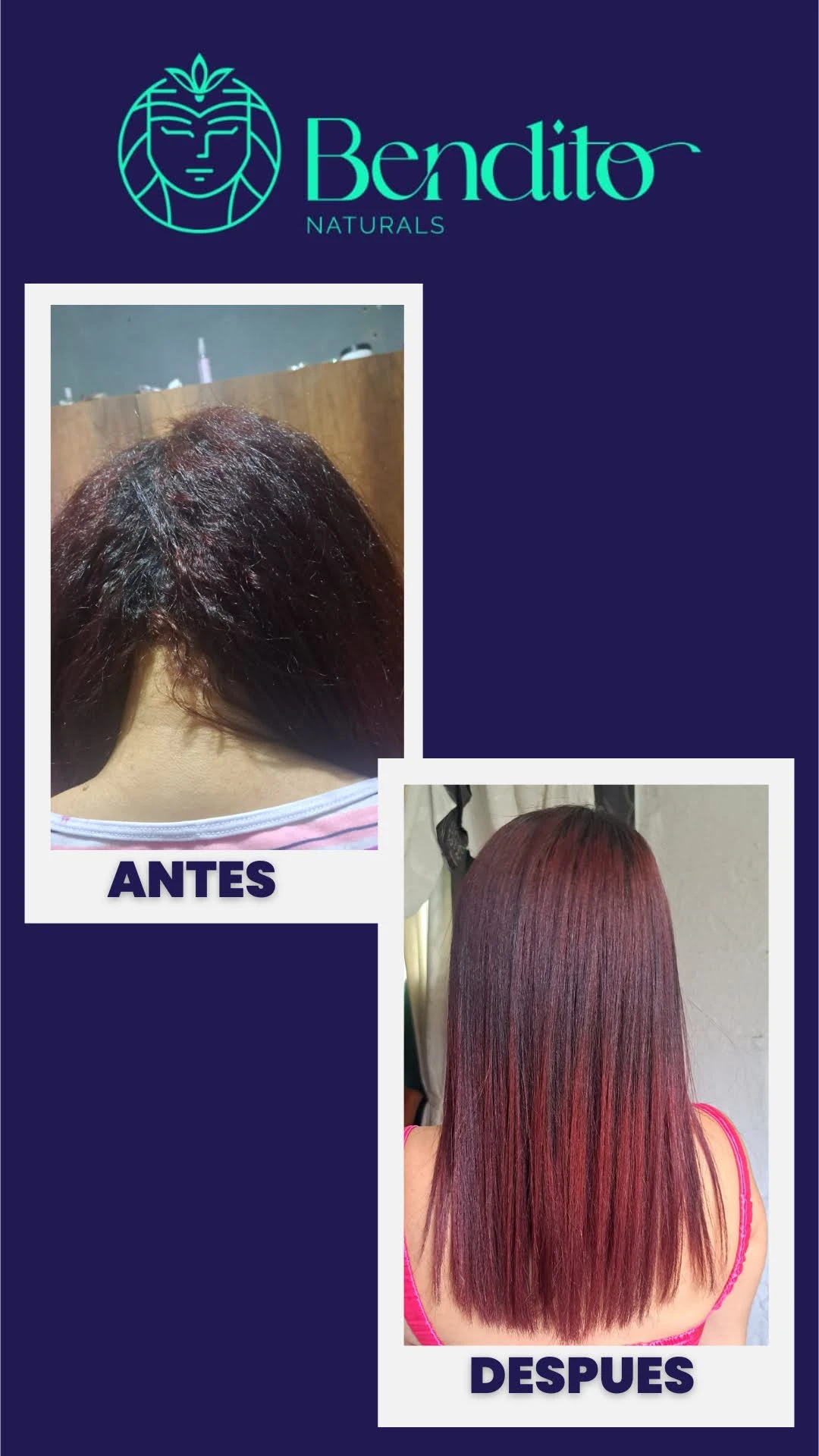 Cabello teñido de rojo antes y después de tratamiento de proteína capilar Bendito Naturals para reducir frizz y nutrir.