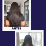 Antes y después de cabello con Proteína Capilar Bendito Naturals, mostrando reducción de frizz y brillo.