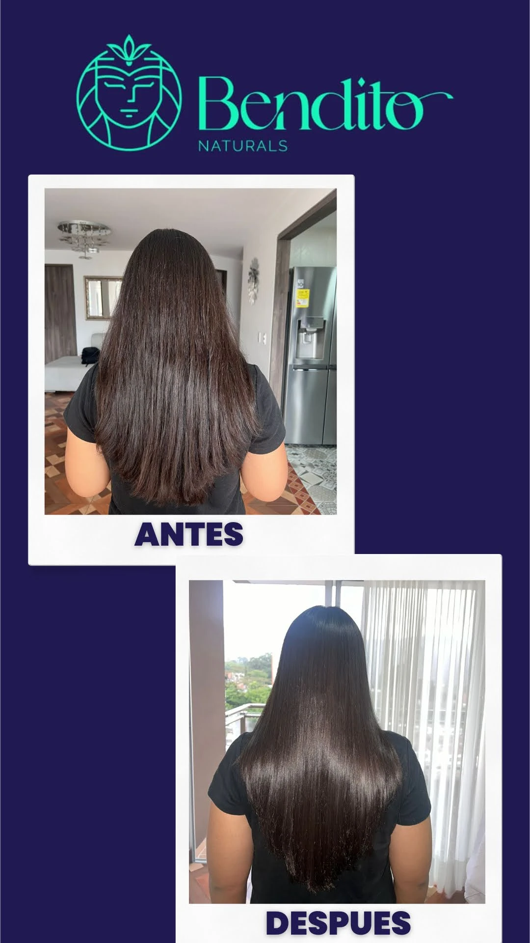 Antes y después de cabello con Proteína Capilar Bendito Naturals, mostrando reducción de frizz y brillo.