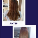 Antes y después de tratamiento de proteína capilar con aminoácidos, cabello liso y nutrido.