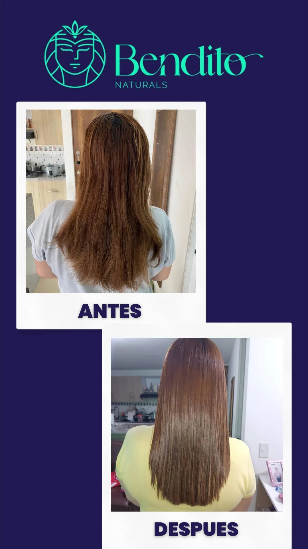Antes y después de tratamiento de proteína capilar con aminoácidos, cabello liso y nutrido.