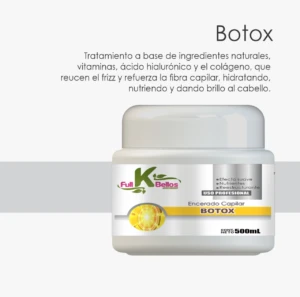 Tarro blanco de encerado capilar Botox, 500ml, para cabello, con descripción de beneficios.