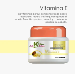 Encerado capilar Vitamina E Full Bellos 500ml, envase blanco con tapa naranja, para cabello.