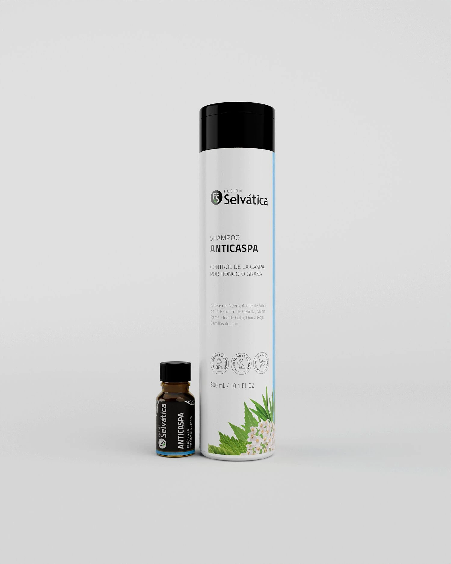 Set capilar anticaspa Selvatica: shampoo y gotero con ingredientes naturales para control de hongo y grasa.
