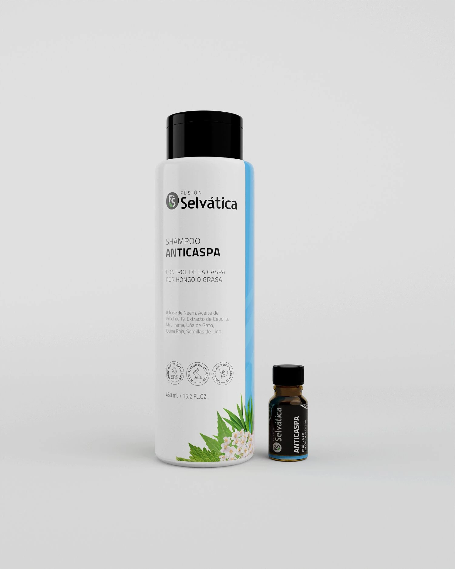 Dúo Capilar Anticaspa: Shampoo y gotas de Selvatica en envases blanco y ámbar, control de caspa por hongo o grasa.