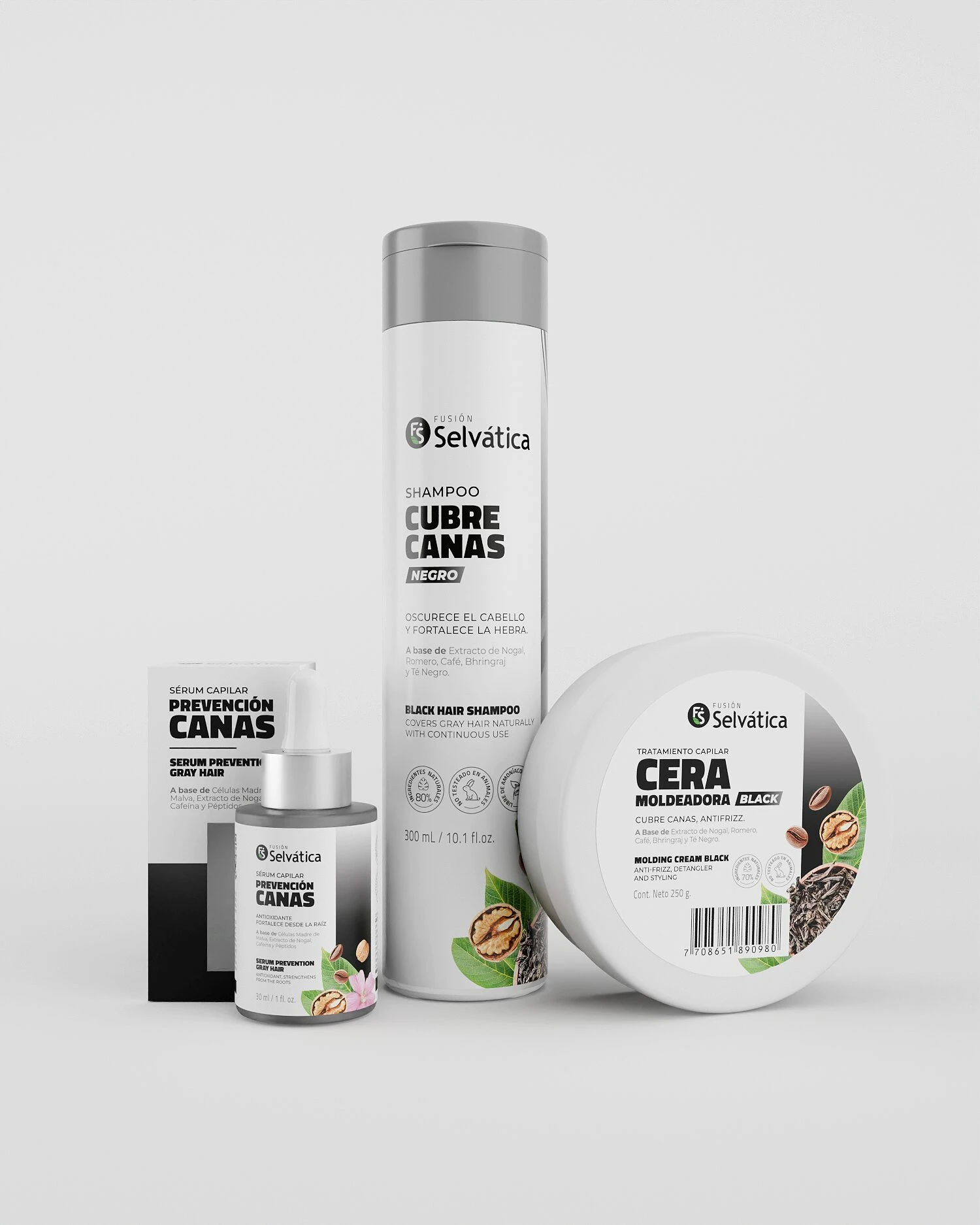 Kit Selvatica con shampoo, serum y cera para cabello con canas y frizz, presentación Black.