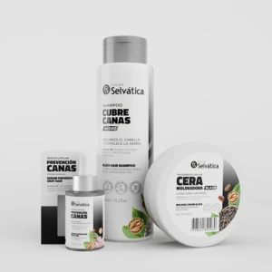 Set de champú, sérum y crema para cabello negro que cubre canas y combate frizz.