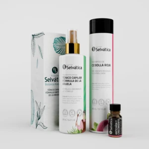 Trío anticaída y crecimiento capilar Fusión Selvática: shampoo cebolla roja, tónico capilar y gotas concentradas.