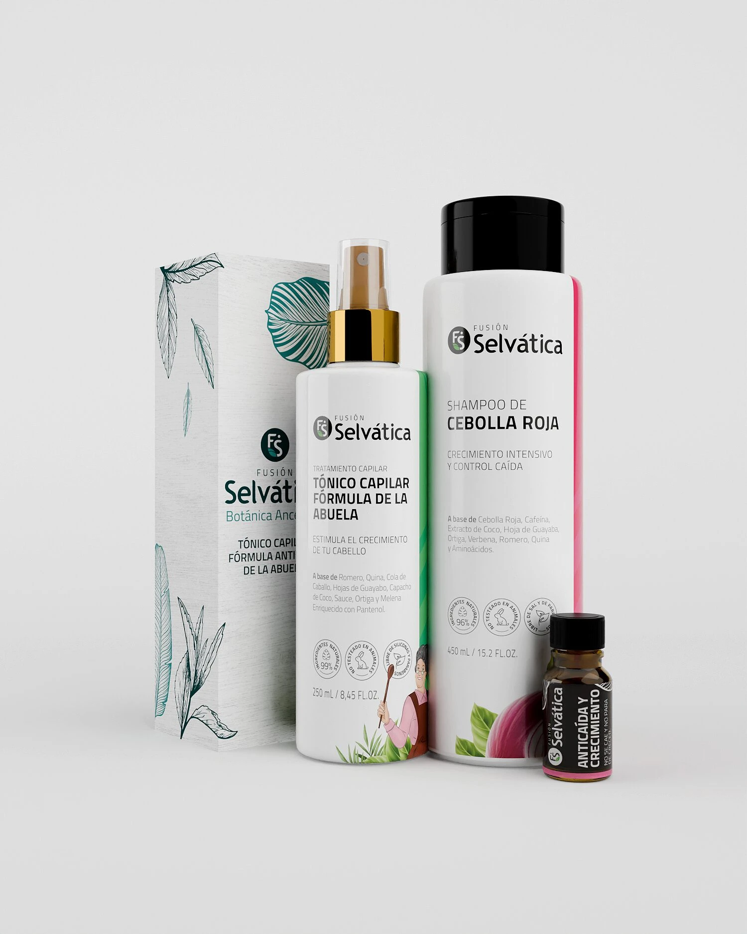 Trío Fusión Selvática: anticaída y crecimiento capilar, shampoo y tónico en envase blanco con detalles verdes y rosados.