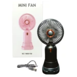 Mini ventilador portátil negro y rosa con cable USB, ideal para refrescar.