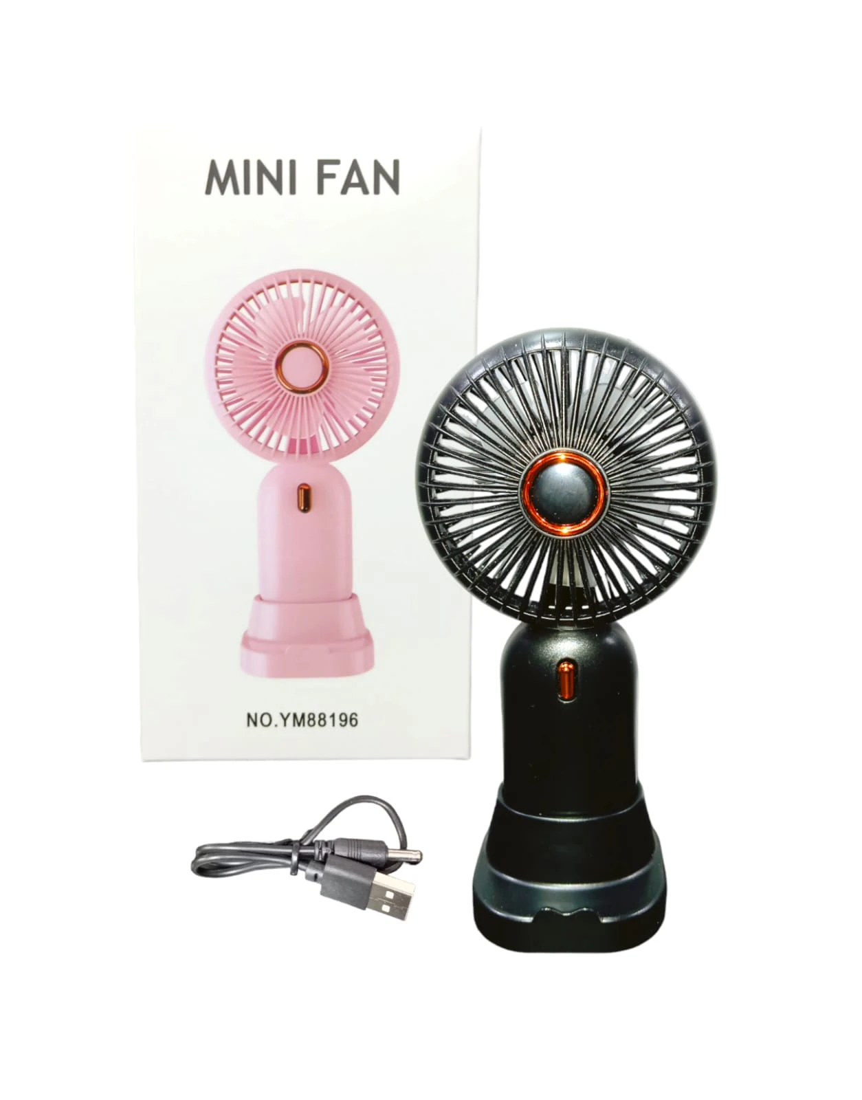 Mini ventilador portátil negro y rosa con cable USB, ideal para refrescar.