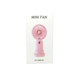 Mini ventilador rosa portátil con diseño moderno y número de modelo en empaque.