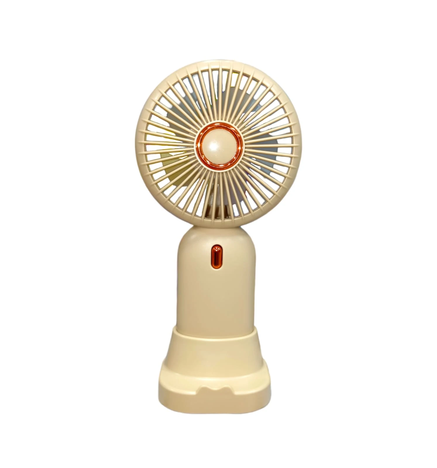 Mini ventilador beige portátil con aspas visibles, centro naranja y luz indicadora roja.