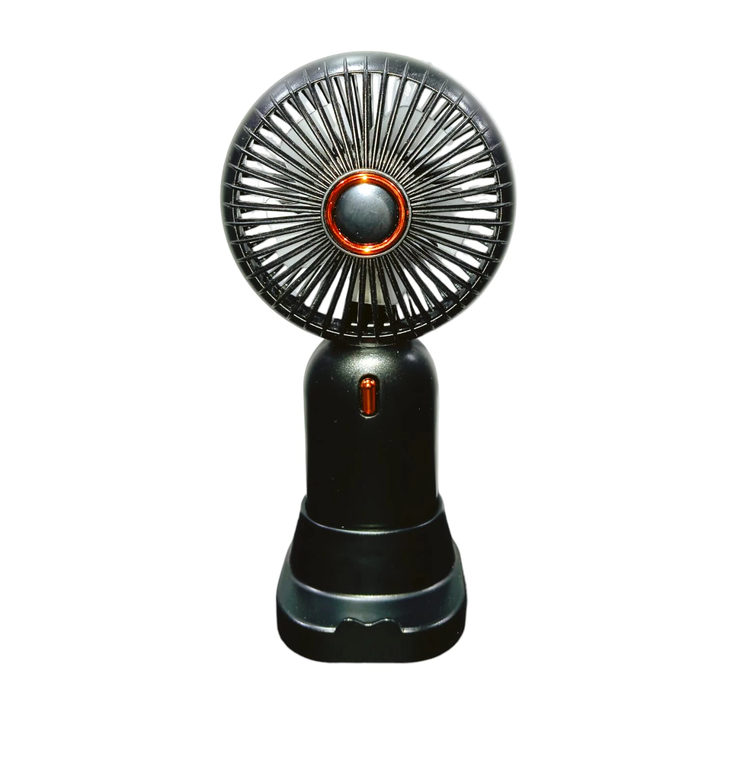 Mini ventilador negro portátil con rejilla circular metálica y luz indicadora.