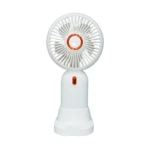 Mini ventilador blanco portátil con diseño circular y detalles naranjas, ideal para enfriar.