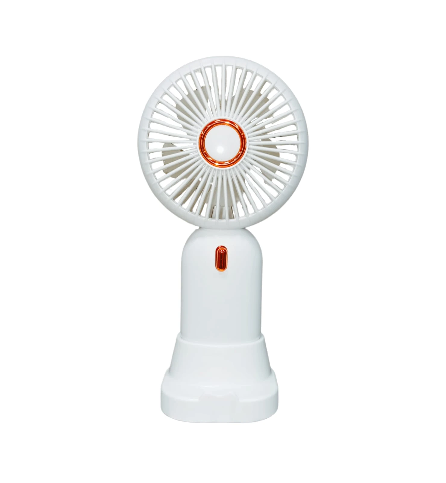 Mini ventilador blanco portátil con diseño circular y detalles naranjas, ideal para enfriar.