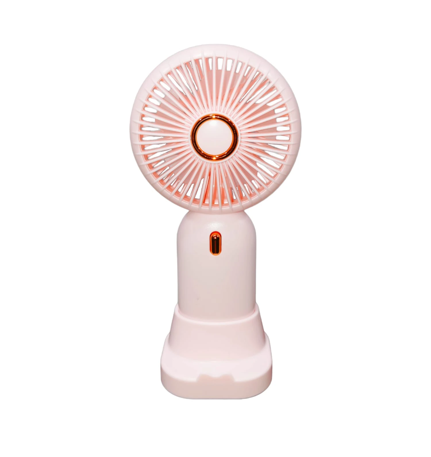 Mini ventilador portátil rosa con detalles dorados y luz indicadora.