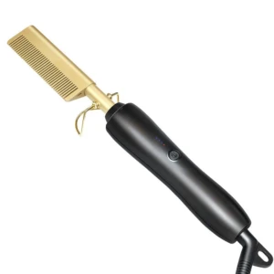 Peine plancha alisador eléctrico con peine dorado metálico y mango ergonómico negro mate, cuenta con botón de encendido e indicadores LED de temperatura.