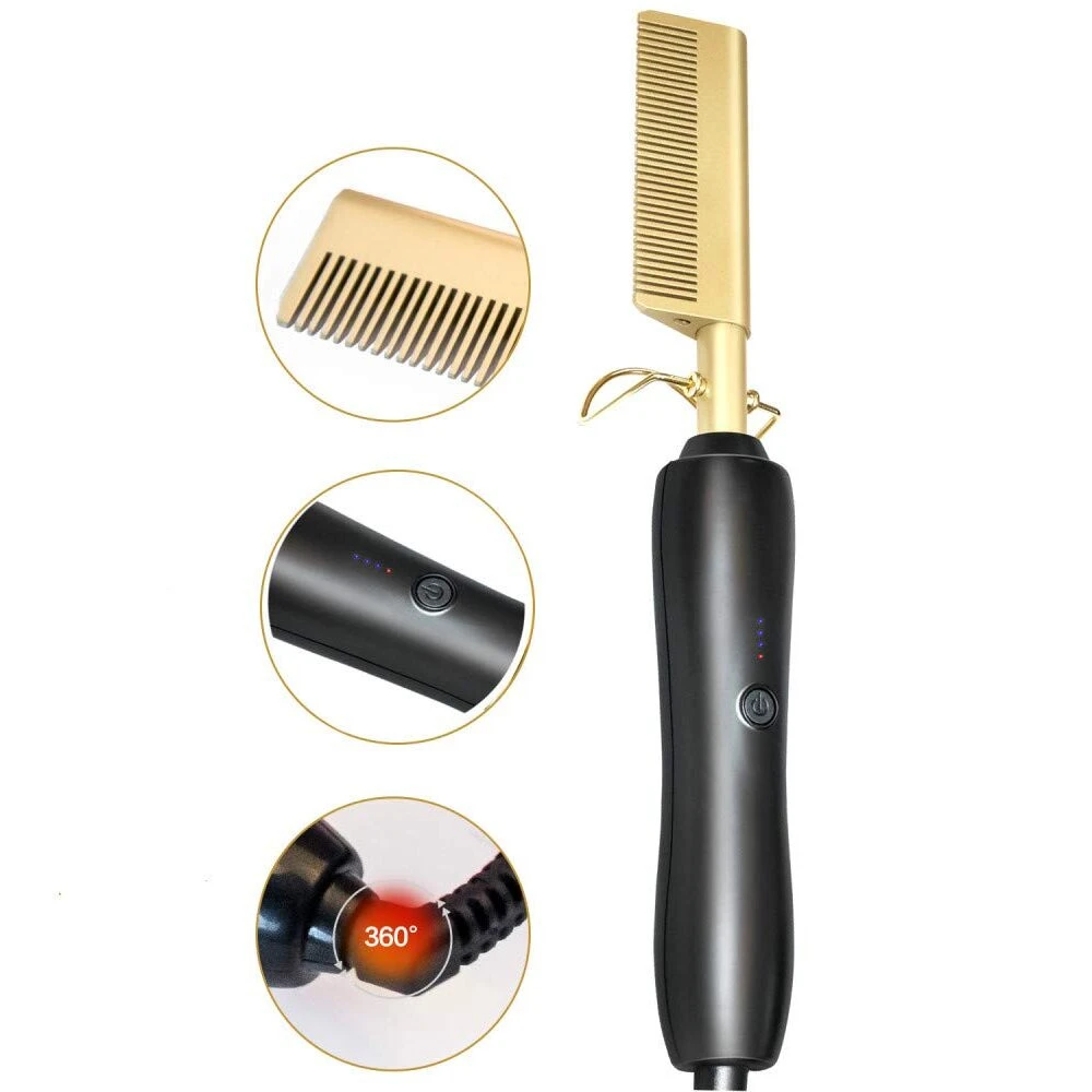 Peine alisador eléctrico color dorado y negro con mango ergonómico, botón de encendido, indicador de niveles de calor y cable con rotación de 360 grados.