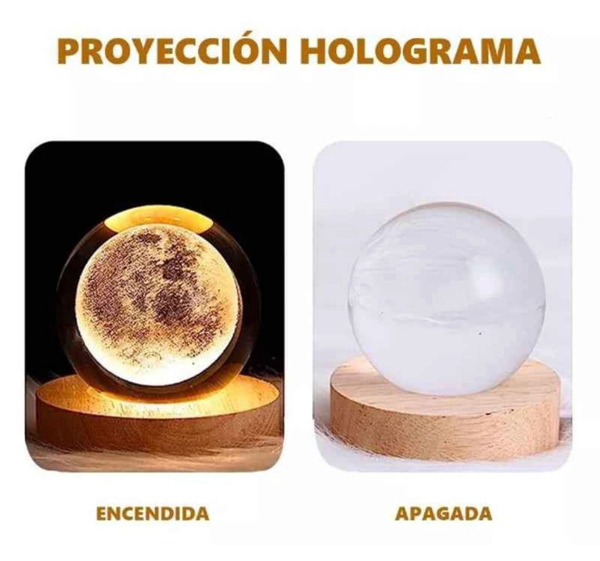 Lámpara de cristal esférica sobre base de madera circular; a la izquierda encendida con proyección de luna, a la derecha apagada mostrando transparencia.