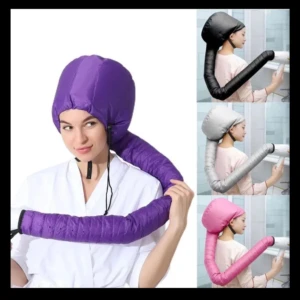 Gorro secador de cabello ajustable para rizos, morado, con manga flexible. Muestra variantes negra, gris y rosa.