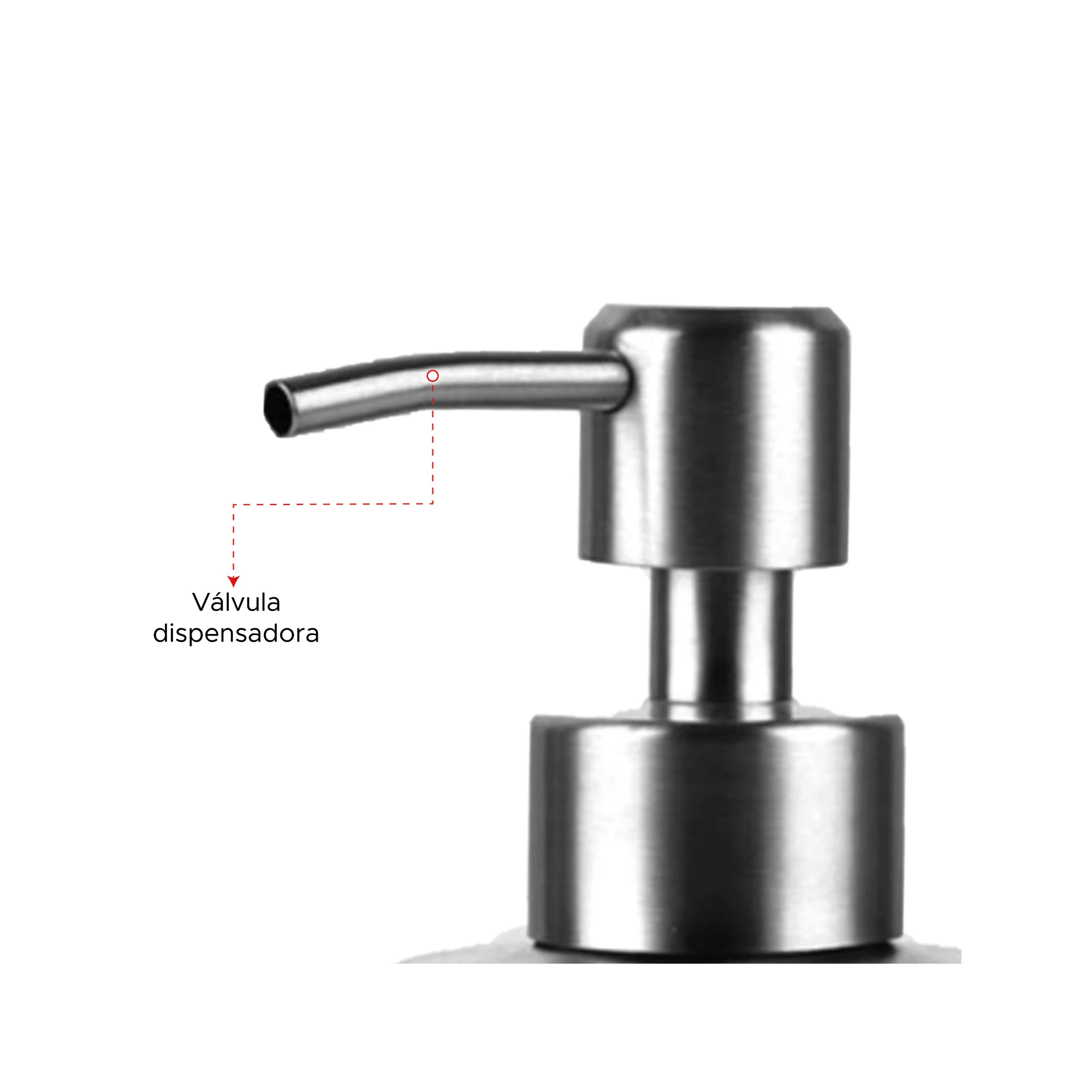 Dispensador de jabón de acero inoxidable para mesa, con válvula detallada.