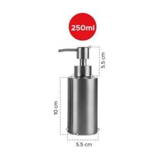 Dispensador de jabón de acero inoxidable 250ml con medidas 10x5.5cm y etiqueta roja 250ml.