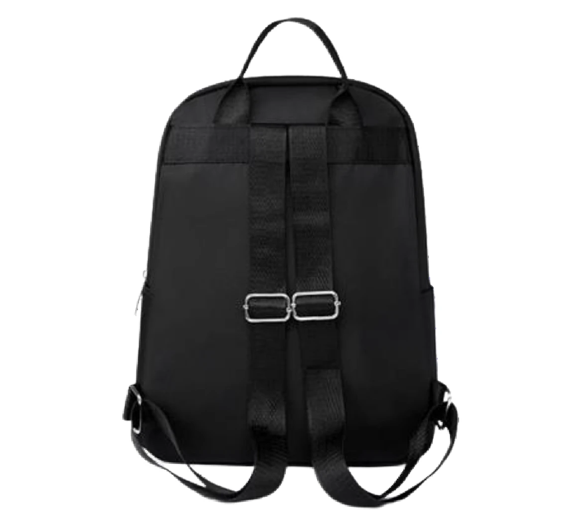 Vista trasera de morral negro para dama, con correas ajustables y herrajes metálicos plateados rectangulares.