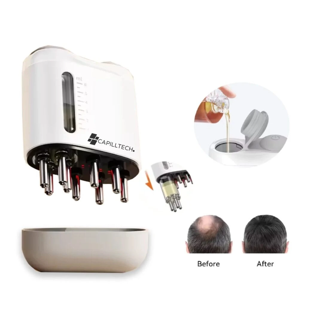 Masajeador capilar blanco con aplicador de líquido, para crecimiento del cabello, antes y después.
