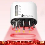Masajeador capilar blanco con aplicadores, dosificador de ml y luz roja para estimular crecimiento.