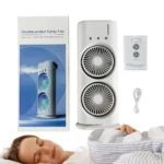 Ventilador de torre blanco con doble aspa y rociador, con caja y manual para enfriar.