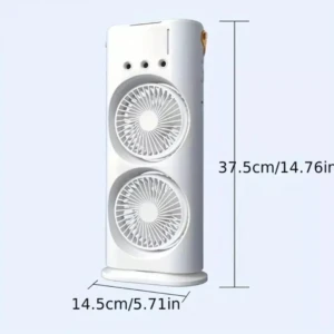 Ventilador de torre doble blanco con dos aspas, 37.5cm de alto y 14.5cm de ancho.
