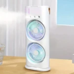 Ventilador de torre doble blanco con luces LED RGB, ideal para enfriar ambientes.