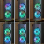 Ventilador de torre doble con luces LED RGB, dos ventiladores, color gris, ideal para enfriar.