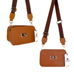 Dos bolsos pequeños tipo bandolera, piel sintética textura cocodrilo color miel con correa ancha marrón y herrajes dorados.