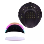 Lámpara secadora de uñas UV LED 120W con diseño tornasol, incluye base removible y vista interior detallada con múltiples puntos de luz para curado.