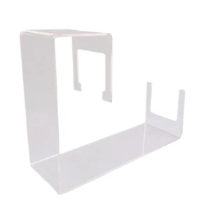 Soporte organizador de plancha acrílico transparente con base alargada y ranuras superiores.