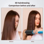 Comparativa de resultados con plancha alisadora azul: a la izquierda cabello liso, a la derecha cabello marcado con figuras 3D de corazones y estrellas.