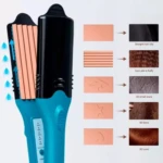 Plancha de cabello color azul con placas intercambiables para alisar, dar volumen corrugado o estampar figuras 3D como estrellas, corazones y rayos.