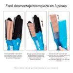 Plancha alisadora azul con placas 3D onduladas y guía instructiva de tres pasos para desmontar y reemplazar las férulas térmicas fácilmente.