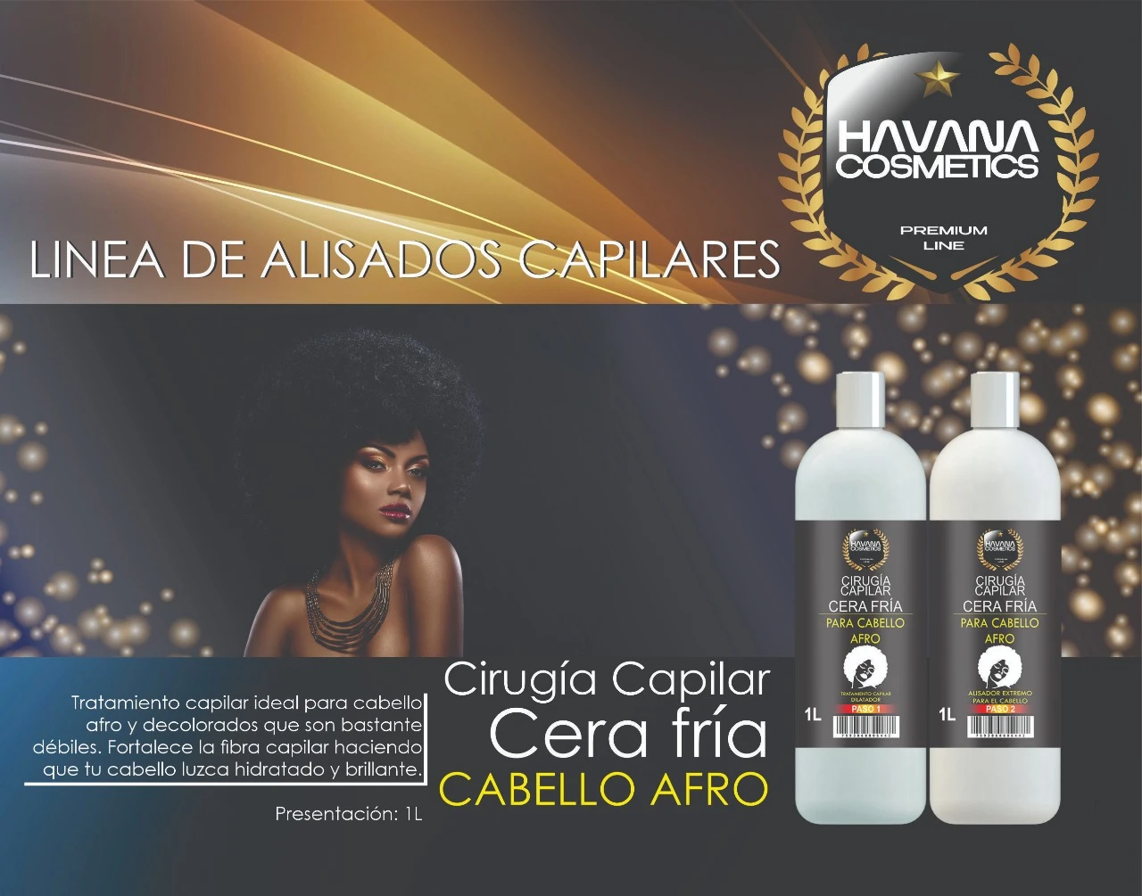 Set de alisado profesional Cera Fría Havana Cosmetics para cabello afro, incluye dos envases de 1 litro con tratamiento paso 1 y paso 2.